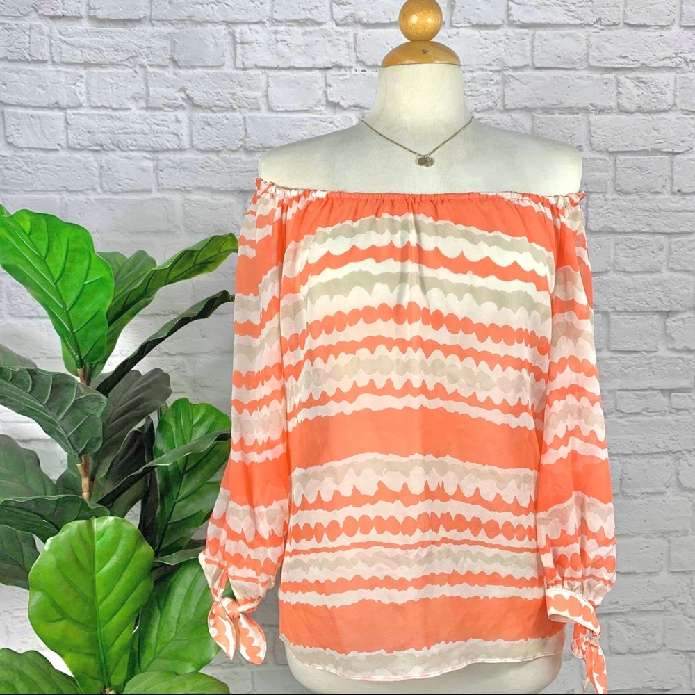 TRINA TURK stripe chiffon off shoulder tie blouse